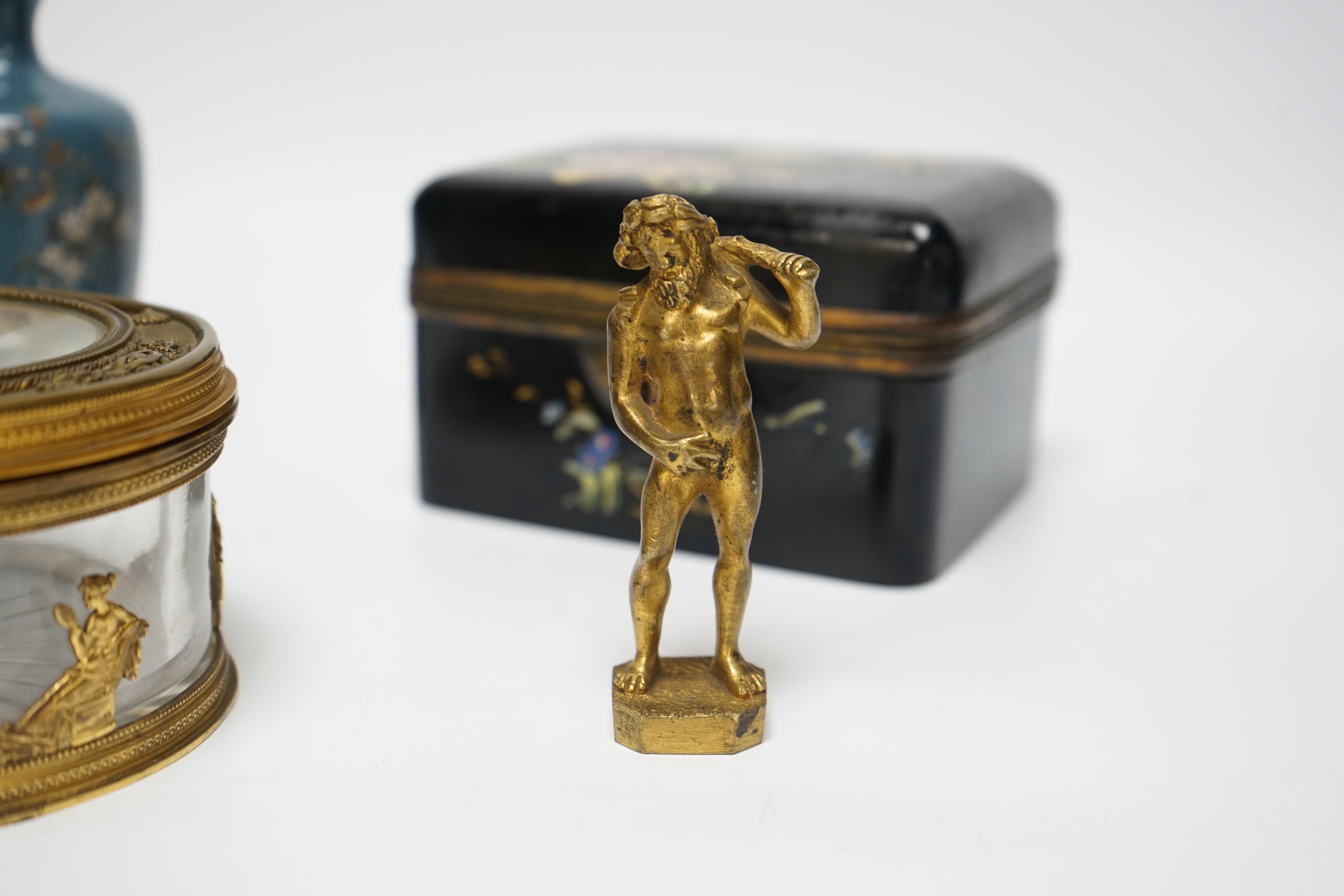 A Palais Royale circular gilt metal cut glass box with an inset portrait miniature of Napoleon on ivorine, 12cm diameter, a Bohemian enamelled glass box attributed to Moser, 12.5cm wide, a Japanese cloisonné enamel vase